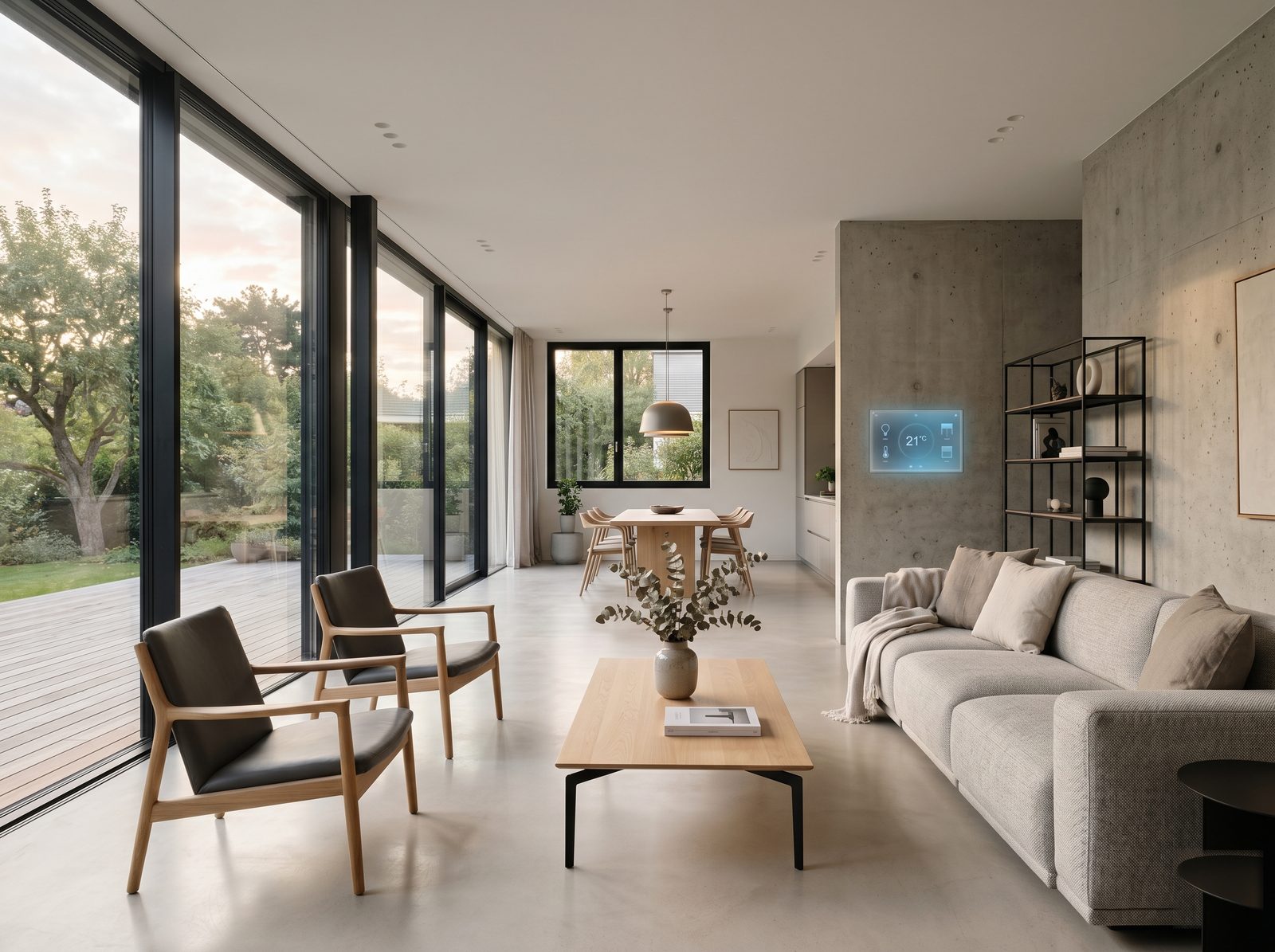 Séjour contemporain haut de gamme avec écran domotique mural — intégration Smart Building par Nexom