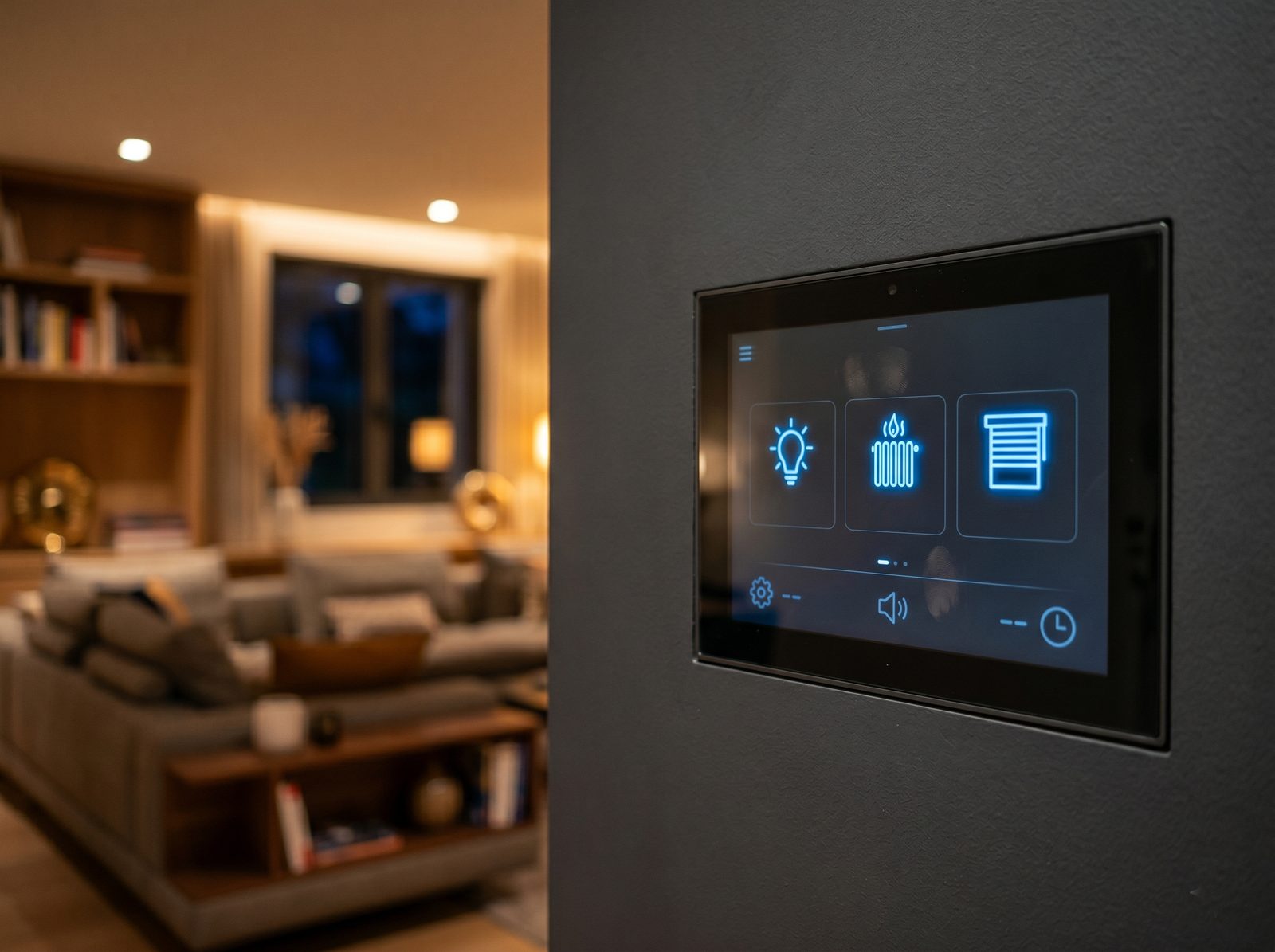 Écran tactile mural domotique KNX affichant éclairage, chauffage et volets — maison connectée Nexom