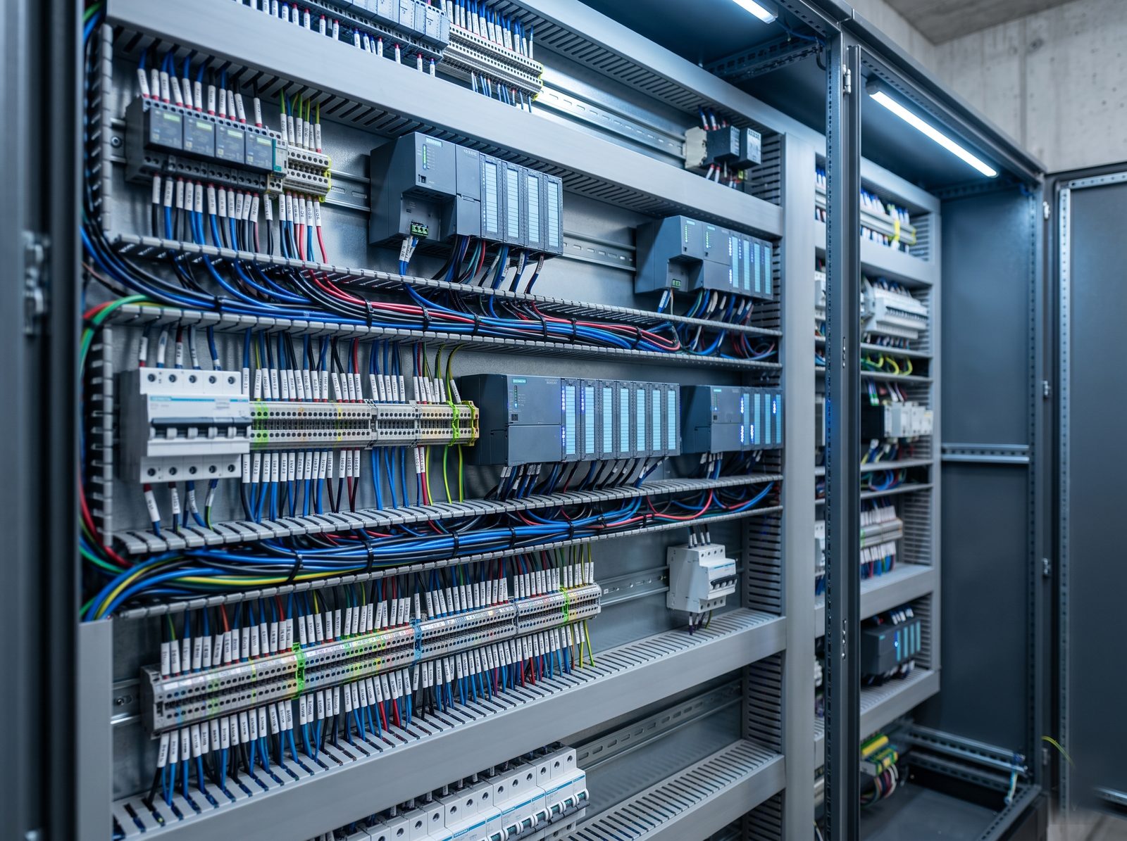 Armoire électrique tertiaire câblée avec automates GTB sécurisés sur rail DIN — cybersécurité OT par Nexom